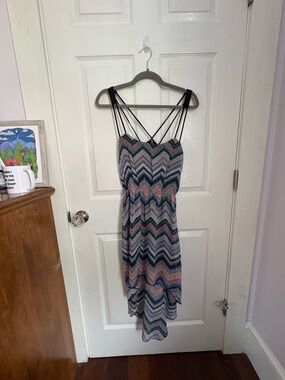 Striped Chevron High-Low Sundress with Spaghetti Straps - Black Multi